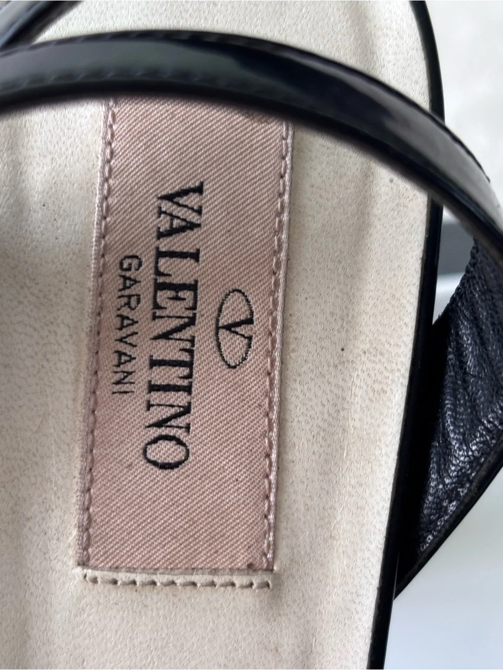 Valentino Garavani Black and Beige Patent Platform Slingback Heels